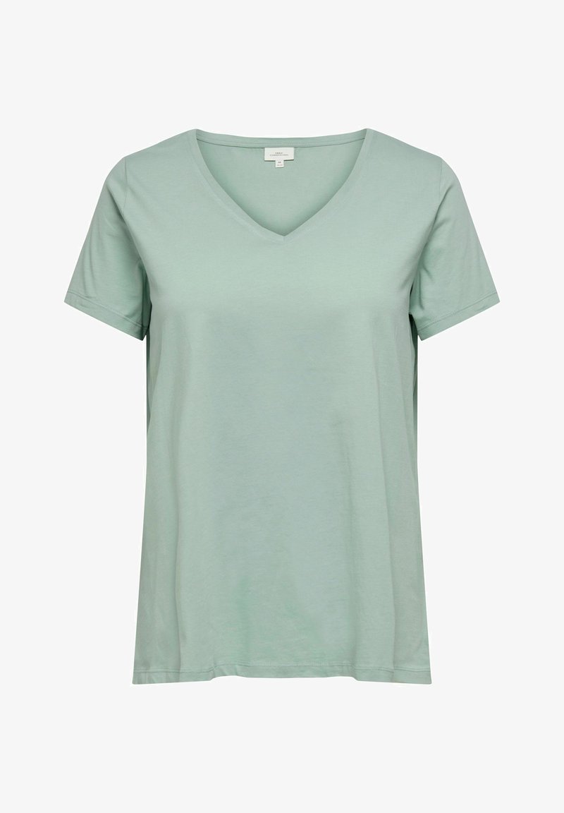 Ανοιχτοπράσινο βαμβακερό T-shirt με κοντά μανίκια και V-λαιμόκοψη, μεσαίου μεγέθους, εμφανίζεται σε λευκό φόντο.