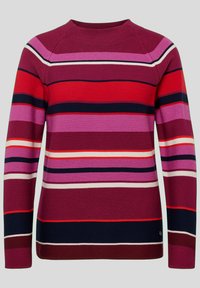 Rot und lila gestreifter Pullover mit gerippter Textur, Rundhalsausschnitt und langen Ärmeln. Enthält horizontale Streifen in verschiedenen Breiten und Farben.