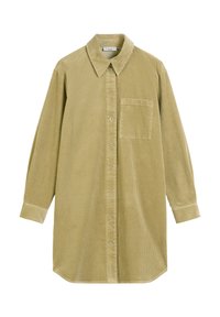 Olijfgroene corduroy jurk met lange mouwen, knoopsluiting, puntkraag en een enkele borstzak. Zachte textuur en ribbelontwerp.