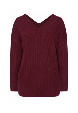 Burgundowa sweter z prążkowanym wzorem, z głębokim dekoltem w kształcie litery V, długimi rękawami i luźnym krojem. Teksturowana tkanina o miękkim, dzianinowym wyglądzie.