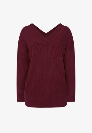 Maglione bordeaux a coste con scollatura a V profonda, maniche lunghe e vestibilità rilassata. Tessuto strutturato con un aspetto morbido e lavorato a maglia.