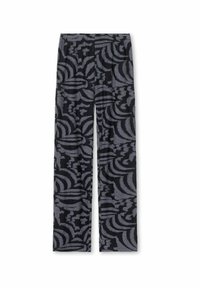 Schwarze weit geschnittene Hose mit einem auffälligen grauen Wirbelmuster. Hergestellt aus einem weichen Stoff mit einem elastischen Bund für zusätzlichen Komfort.