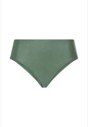Tamsiai žalias, į aukštį pakeliamas bikini apatinis trikotažas, pagamintas iš blizgaus, lygaus audinio, su elegantišku, vientisu dizainu ir minimaliais siūlais.