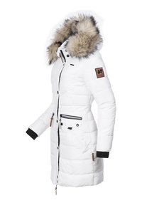 White padded parka coat with a fur-trimmed hood, black accents, front zip and button closure, side pockets, and ribbed cuffs.