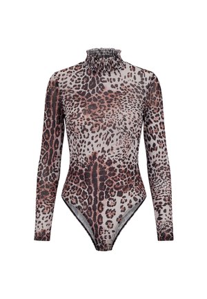 Body a manica lunga e collo alto con collo arricciato, con motivo leopardato marrone e nero su tessuto trasparente.