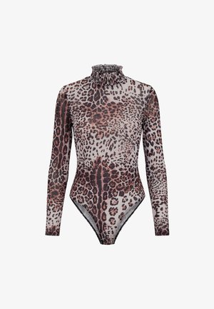 Body manches longues à col montant avec col froncé, avec un imprimé léopard marron et noir sur tissu transparent.
