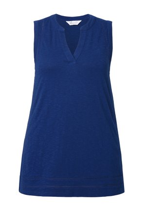 Ärmelloses blaues Top aus leichtem Stoff, mit V-Ausschnitt und dezenten Nähten. Glatte Textur mit lockerer Passform.