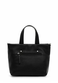 Must nahksest käekott tekstuurse pinnaga, millel on kaks sangapidi käepidet, esiküljel lukuga tasku ja hõbedased neetdetailid.