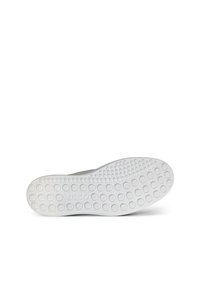 Semelle de chaussure en caoutchouc blanc avec un motif de grip circulaire, des bords lisses, et un logo de marque. Le design présente une surface plate, flexible et texturée.
