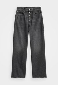 Jeans de tiro alto en gris oscuro, con corte recto, cinco bolsillos y cierre de botón. La tela tiene una sutil textura desgastada.