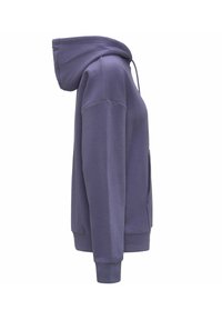 Felpa con cappuccio viola, dotata di tasca a marsupio, polsini a coste e una superficie liscia, che mette in evidenza un design informale.