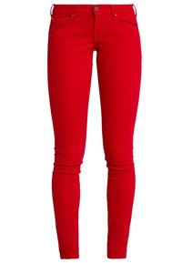 Jeans skinny rojos hechos de tela elástica, con un diseño clásico de cinco bolsillos, cierre de botón metálico y detalles de costura sutiles.