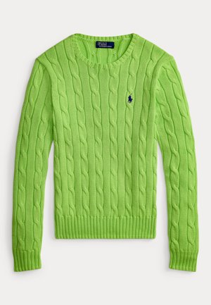 Green cable knit sweater with a crew neck, ribbed hem and cuffs, featuring a small embroidered logo on the left chest.