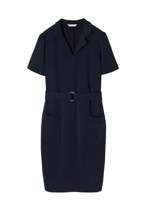 Kleid in Marineblau mit einem Kragen-Ausschnitt, kurzen Ärmeln, einem taillierten Design und zwei vorderen Taschen. Hergestellt aus weichem, glattem Stoff.