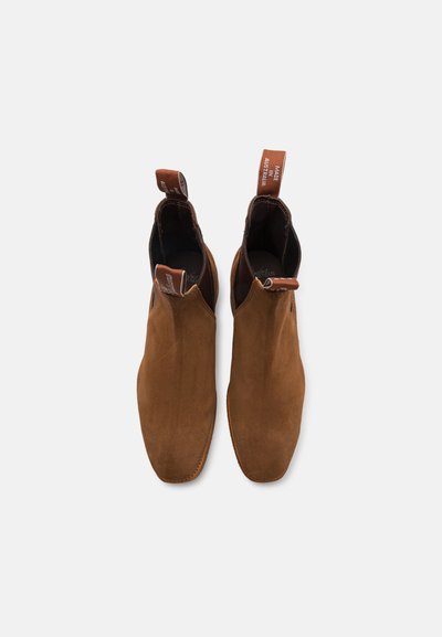 Botas Chelsea de ante marrón con paneles laterales elásticos y tiradores. Punta redondeada y textura suave. Diseño minimalista, adecuado para estilos variados.