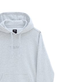 Light grey Vans hooded sweatshirt with front pocket, drawstrings, and subtle embroidered Vans logo on chest.