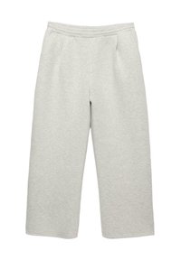 Svetlé šedé široké tepláky vyrobené z mäkkej tkaniny. Majú elastický pás a dve predné vrecká. Bez viditeľných vzorov alebo kovových prvkov.