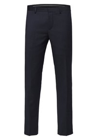 Tumman laivansiniset muodolliset housut, joissa on säädettävä istuvuus, suorat lahkeet, vyölenkit ja piilotettu edestä kiinnitys, esitetty valkoista taustaa vasten.