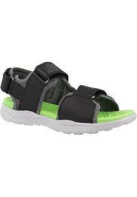 Sandaña transpirable en negro y gris con dos correas de Velcro ajustables, una plantilla verde vibrante y una suela de goma blanca.