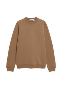 Effen bruine sweatshirt met ronde hals en lange mouwen, voorzien van een klein geborduurd logo op de linkerkant van de borst, weergegeven op een witte achtergrond.