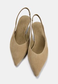 Décolleté in suede beige con punta affusolata e tacco basso. Presenta una fodera interna liscia e un design della fascetta semplice ed elegante.