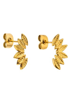 Goldene Stecker-Ohrringe in Form von gezackten Lorbeerblättern mit detaillierten Adernmustern und Schmetterlingsverschluss auf weißem Hintergrund.