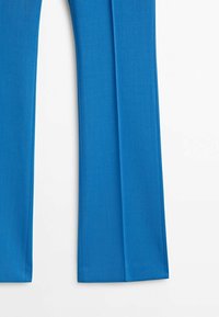 Bright blue tailored trousers with a smooth texture and a flared leg design. Features a clean finish without visible pockets or embellishments.