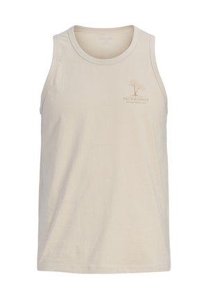 Camiseta sin mangas beige con un pequeño logo de palmera y texto "Jack & Jones Established 1990" en el pecho izquierdo.