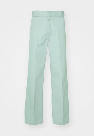 Light green trousers made of cotton with a straight leg design, featuring a smooth texture and standard waistband with belt loops.