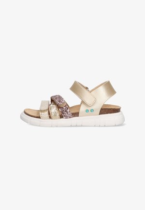 Gouden en zilveren glinsterende sandalen met verstelbare bandjes, een kurken binnenzool en een witte rubberen zool. Voorzien van turquoise accenten aan de zijkant.