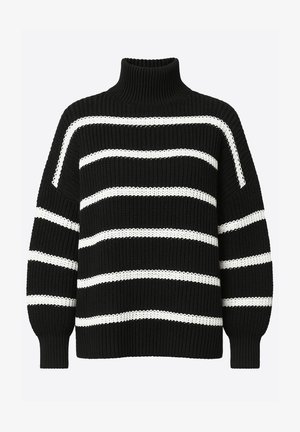 Suéter negro de punto con cuello alto, con rayas horizontales blancas, mangas anchas y tela texturizada.