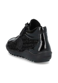 Black patent leather ankle boot with embossed "remonte" logo and text pattern. Features a side zipper and textured rubber sole.