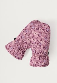 Moufles florales dans des teintes de violet et de rose, fabriquées en tissu avec des poignets élastiques. Présentent un motif de petites fleurs et de feuilles.