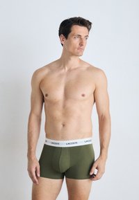 Boxers en coton vert avec une ceinture blanche arborant le logo Lacoste, sur un homme aux cheveux courts, se tenant devant un fond clair.