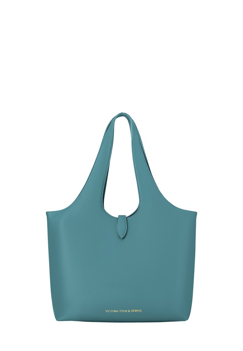 Borsa a tracolla in pelle color teal con apertura ampia, texture liscia e manico centrale sagomato. Presenta un logo dorato nella parte inferiore.