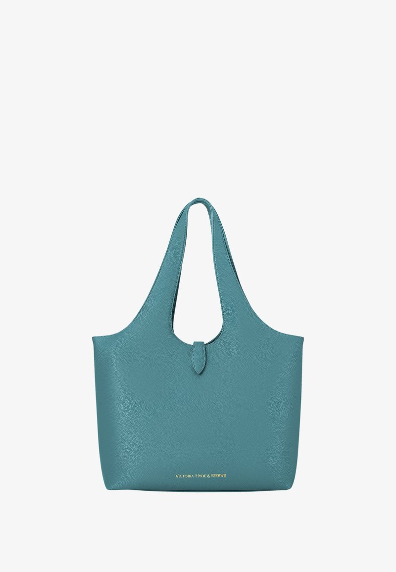 Borsa a tracolla in pelle color teal con apertura ampia, texture liscia e manico centrale sagomato. Presenta un logo dorato nella parte inferiore.