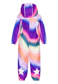 Színes kapucnis egyberuha sima anyagból. Lila, rózsaszín és narancssárga színátmenettel rendelkezik, fehér csillagmotívumokkal a lábakon.