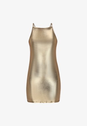 Złota metaliczna mini sukienka z cienkimi ramiączkami, dopasowanym krojem, gładką teksturą i subtelnym połyskiem. Brak widocznych wzorów czy akcentów.