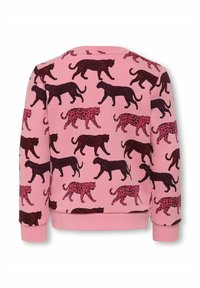 Felpa rosa con un motivo ripetuto di leopardi neri e rosa scuro. Ha maniche lunghe e polsini e orlo a coste.