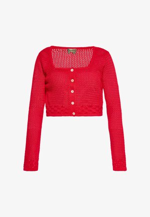 Rød strikket cropped cardigan med lange ærmer og fem hvide knapper foran, der har et tekstureret åbent vævsmønster.