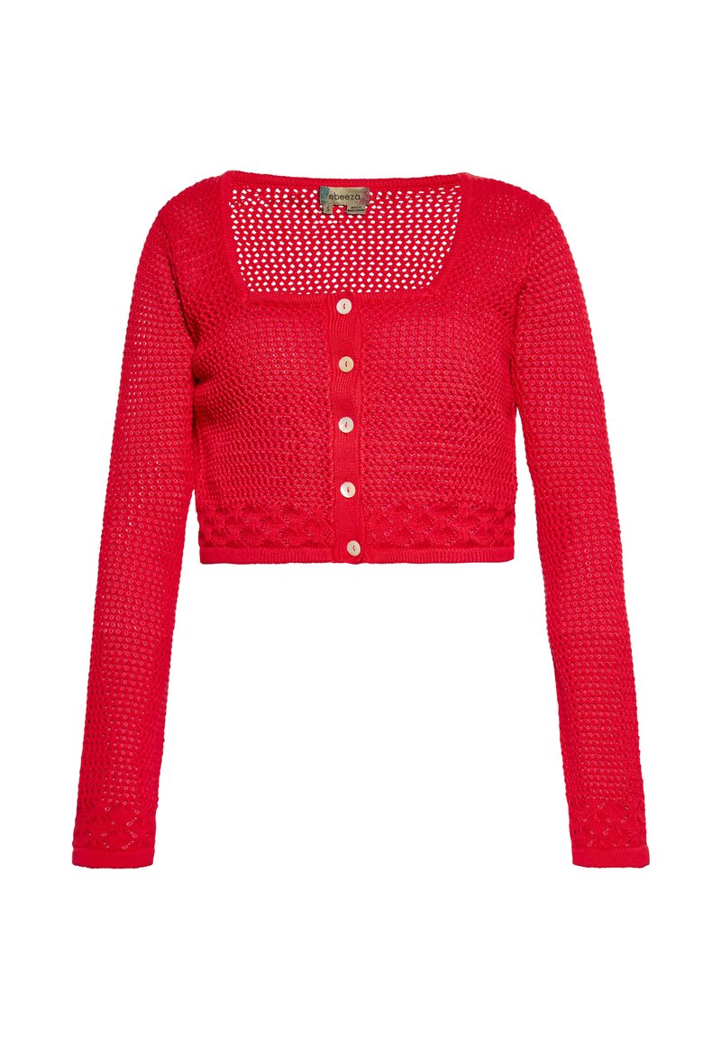 Cardigan corto rosso lavorato a maglia con maniche lunghe e cinque bottoni bianchi sul davanti, caratterizzato da un motivo aperto testurizzato.
