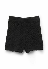Černé krajkové šortky s vlnitým texturovaným vzorem, elastickým pasem a vykrojeným lemem. Vyrobeno z měkkého pleteného materiálu.