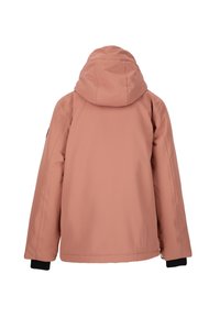 Lys rosa jakke med hætte, der har en glat ydre tekstur, elastiske sorte manchetter og et rent bagdesign uden synlige lynlåse eller lommer.