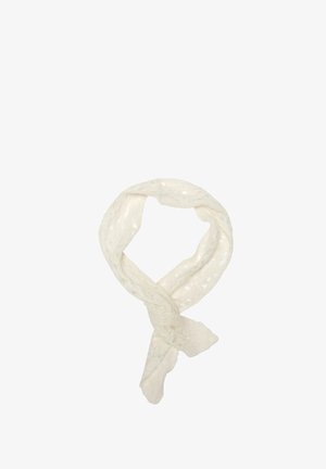 Strik en hvid tørklæde med en let tekstur, åben vævning og bølgede kanter. Velegnet til lagdeling eller som tilbehør.