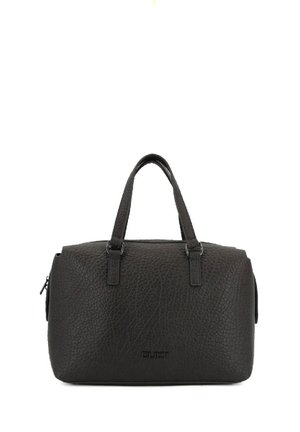 Borsa a tracolla in pelle nera con texture, dotata di doppi manici corti, chiusura a zip e logo in rilievo sul fronte. Forma compatta e rettangolare.