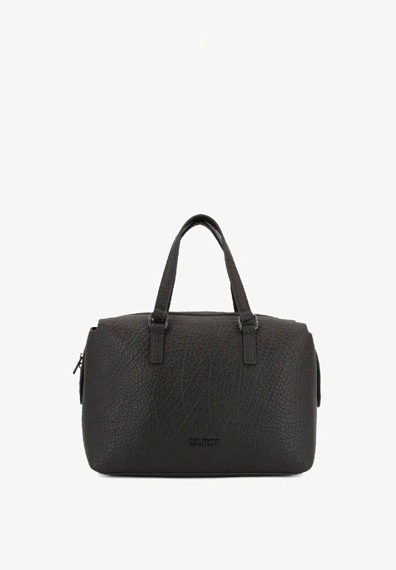 Borsa a tracolla in pelle nera con texture, dotata di doppi manici corti, chiusura a zip e logo in rilievo sul fronte. Forma compatta e rettangolare.