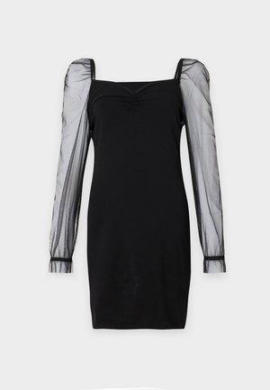 Schwarzes Kleid mit quadratischem Ausschnitt, tailliertem Oberteil und durchsichtigen langen Puffärmeln mit Bündchen. Glatte Textur mit schicker Silhouette.