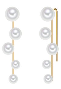 Zelta krāsas auskari ar piecām dažādu izmēru baltām pērl�ēm, kas sakārtotas vertikāli vienkāršā stāvokļa dizainā.