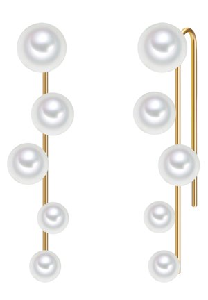 Orecchini color oro con cinque perle bianche di diverse dimensioni disposte verticalmente lungo un design a stelo minimalista.