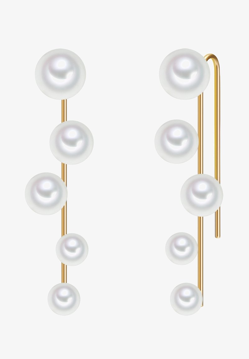 Zlate uhane z belimi biseri različnih velikosti, postavljenimi vertikalno ob minimalističnem steblu.